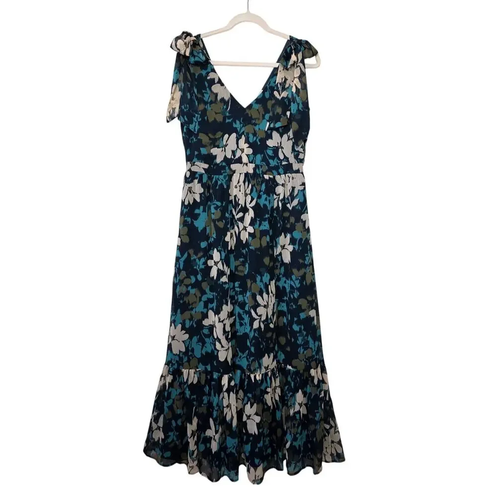 NWT LOFT Beige/Teal Floral Ruffle with Shoulder-Ties Dress - Picture 2 of 9